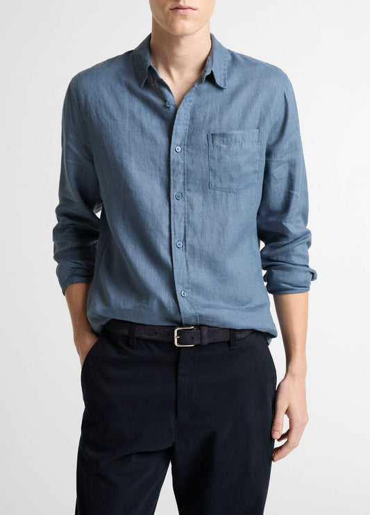 Linen Long-Sleeve Shirt in Long Sleeve UNIFORM BLUE | VINCE Men