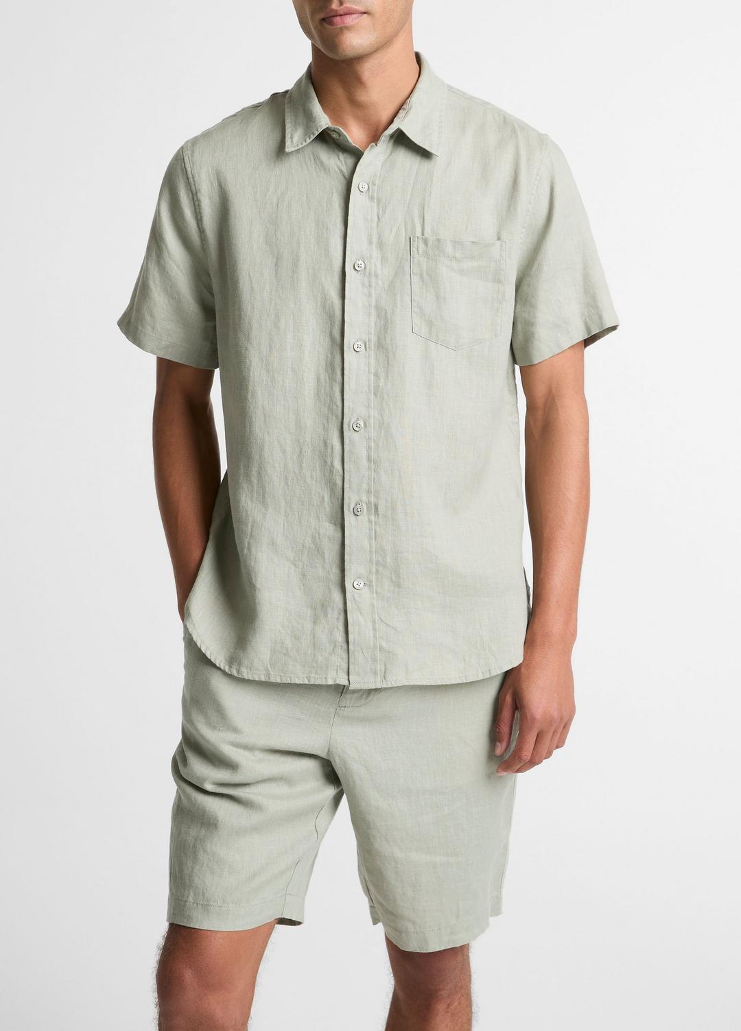 Linen Short-Sleeve Shirt in Long Sleeve MATCHA | VINCE Men