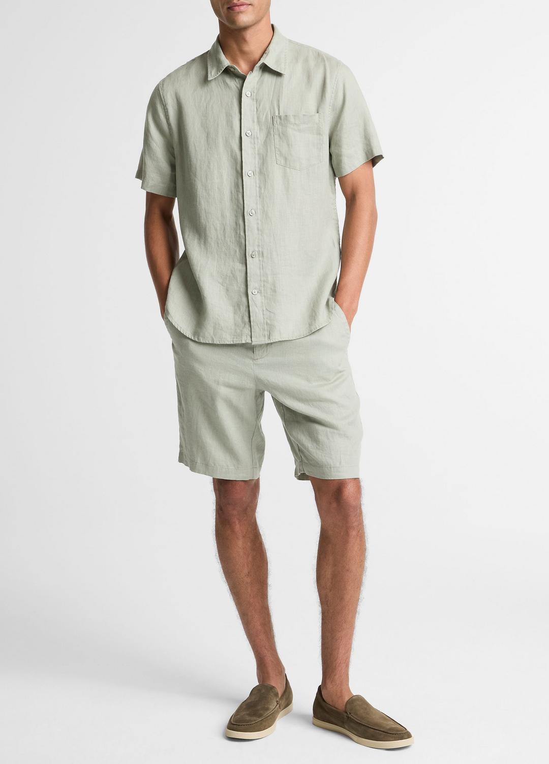 Linen Short-Sleeve Shirt in Long Sleeve MATCHA | VINCE Men