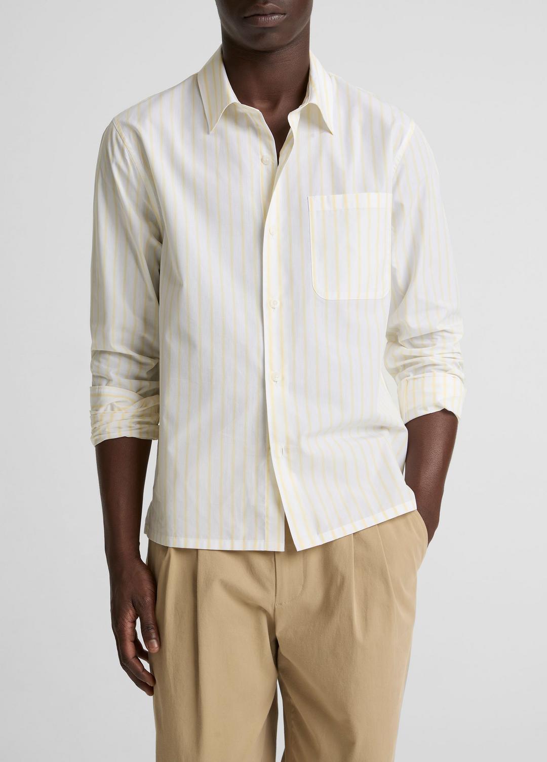 Striped Cotton-Blend Poplin Button-Front Shirt in Long Sleeve WHITE/PALE YELLOW | VINCE Men