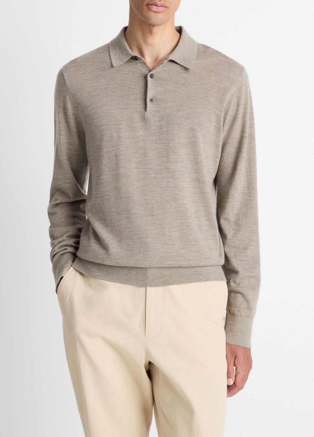 Featherweight Merino Wool-Cashmere Polo Sweater in Long Sleeve HEATHER SMOKE | VINCE Men