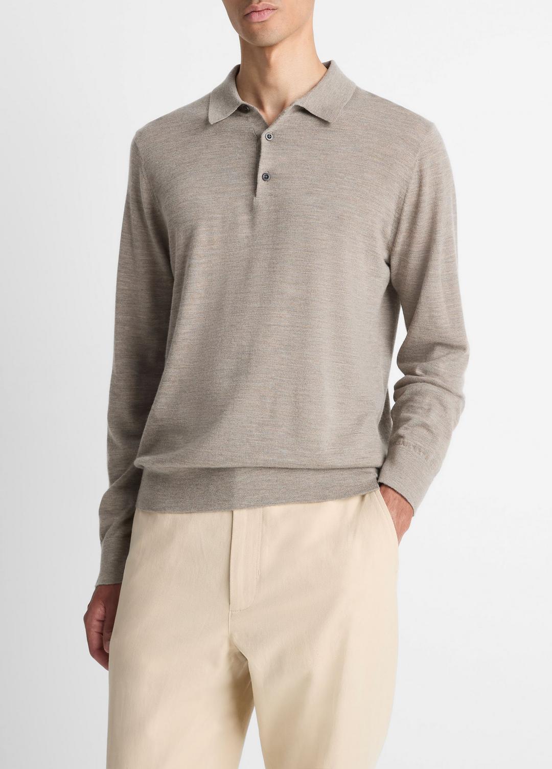 Featherweight Merino Wool-Cashmere Polo Sweater in Long Sleeve HEATHER SMOKE | VINCE Men