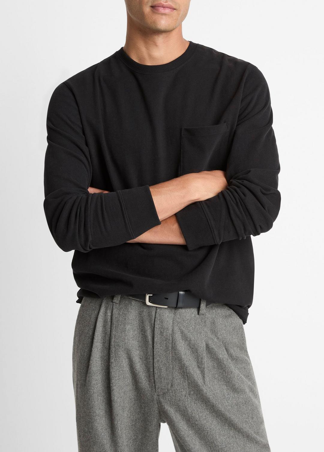 Sueded Jersey Long-Sleeve Pocket T-Shirt in Long Sleeve BLACK | VINCE Men