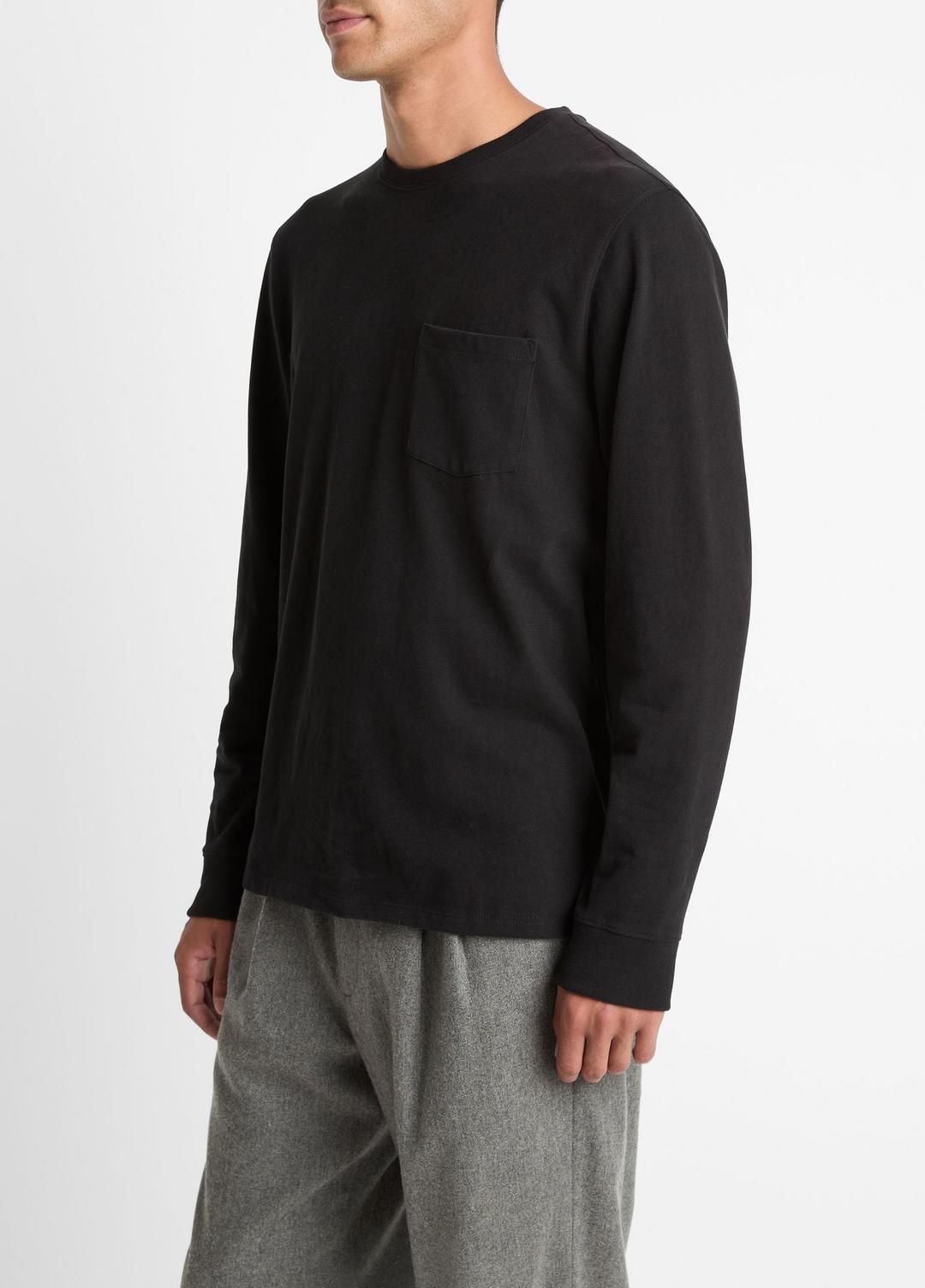 Sueded Jersey Long-Sleeve Pocket T-Shirt in Long Sleeve BLACK | VINCE Men