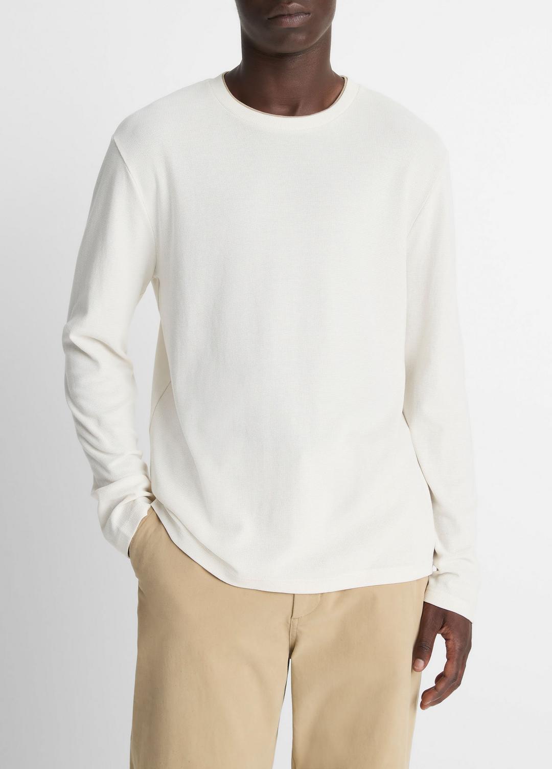 Micro-Waffle Pima Cotton Double-Collar Long-Sleeve T-Shirt in Long Sleeve BLANCO/TERRAPIN | VINCE Men