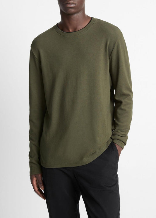 Micro-Waffle Pima Cotton Double-Collar Long-Sleeve T-Shirt in Long Sleeve DRIVER GREEN/BLACK | VINCE Men