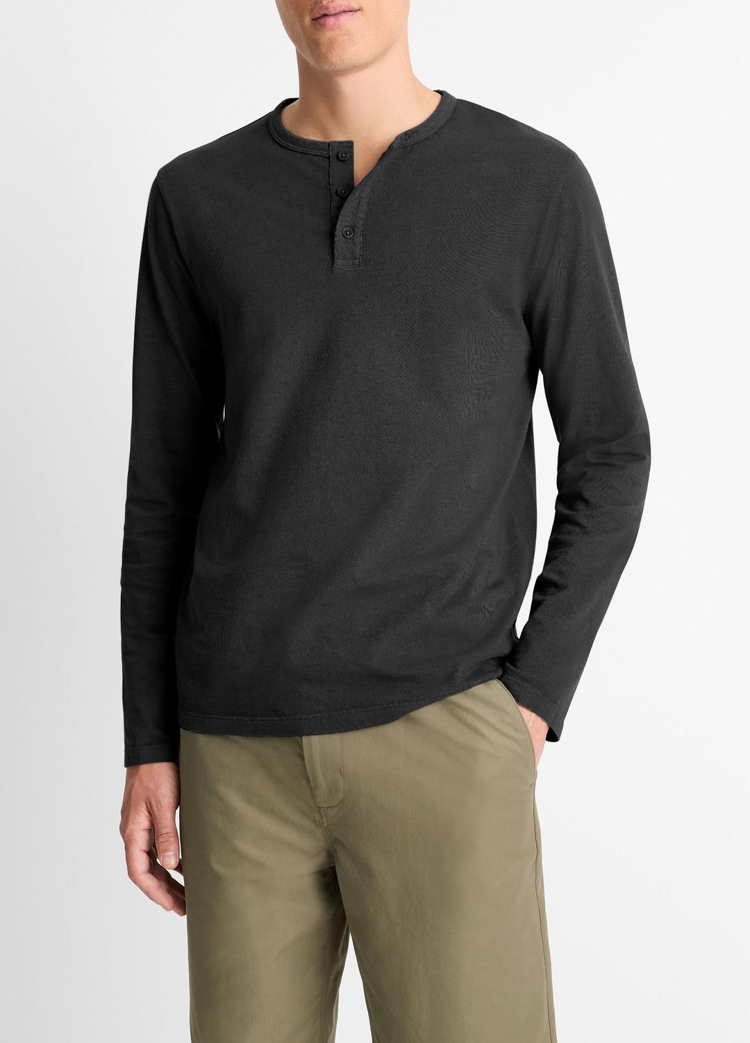 Garment Dye Cotton Long-Sleeve Henley in Henleys & Polos TRUE BLACK | VINCE Men