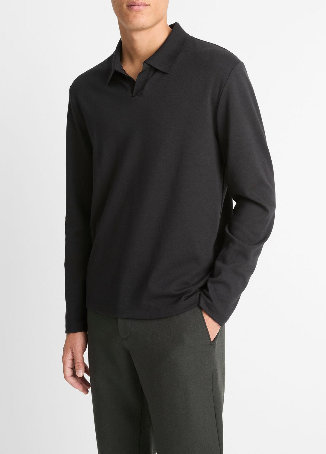 Milano Pima Cotton-Blend Johnny-Collar Shirt in Long Sleeve BLACK | VINCE Men