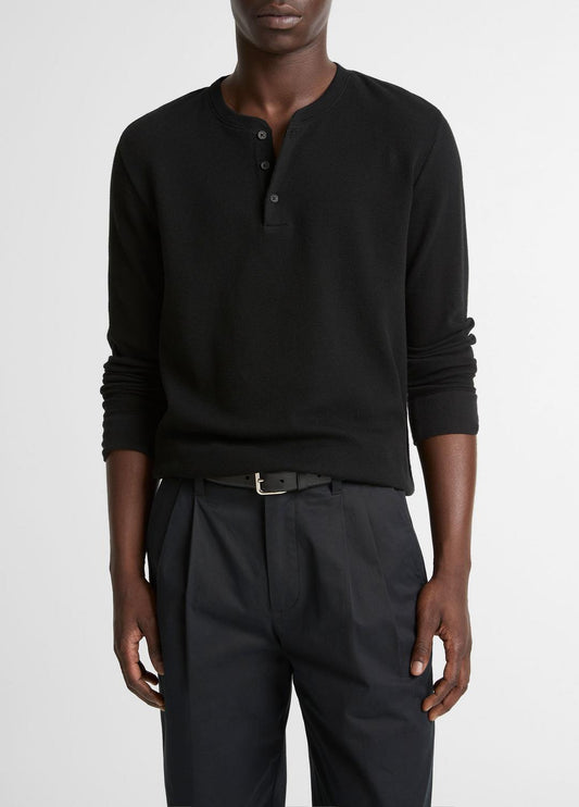 Jacquard-Rib Cotton Henley in Long Sleeve BLACK | VINCE Men