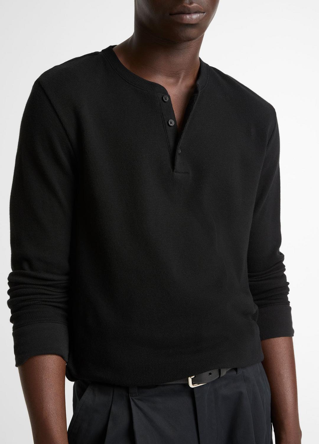 Jacquard-Rib Cotton Henley in Long Sleeve BLACK | VINCE Men