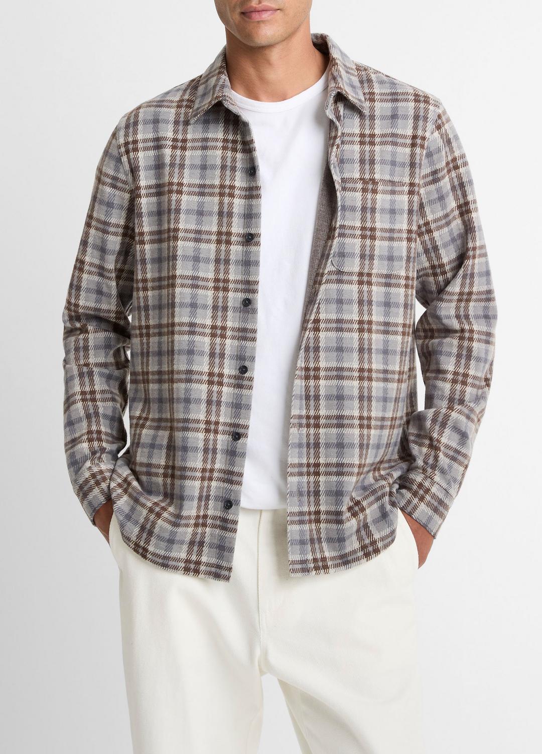 Plaid Cotton-Blend Shirt Jacket in Shirt Jackets HEATHER FOG COMBO | VINCE Men