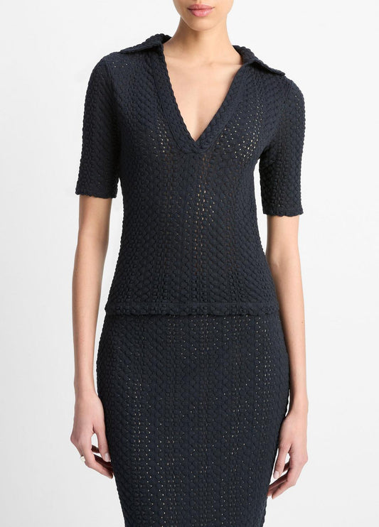 Textural Cotton Elbow-Sleeve Polo Top in Shirts & Tees COASTAL BLUE | VINCE Sale