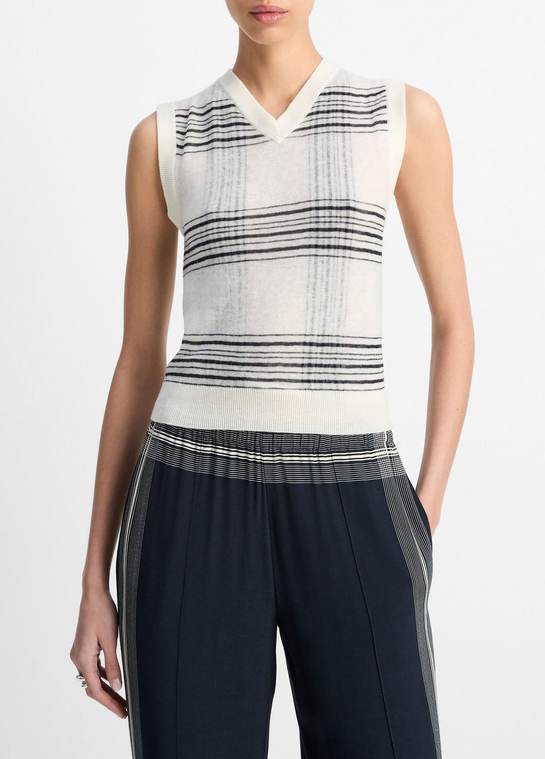 Featherweight Plaid Wool Sweater Vest in Sweaters OFF WHITE/COASTAL BLUE | VINCE Sale