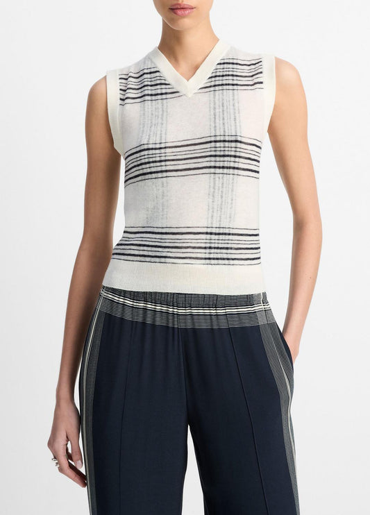 Featherweight Plaid Wool Sweater Vest in Sweaters OFF WHITE/COASTAL BLUE | VINCE Sale