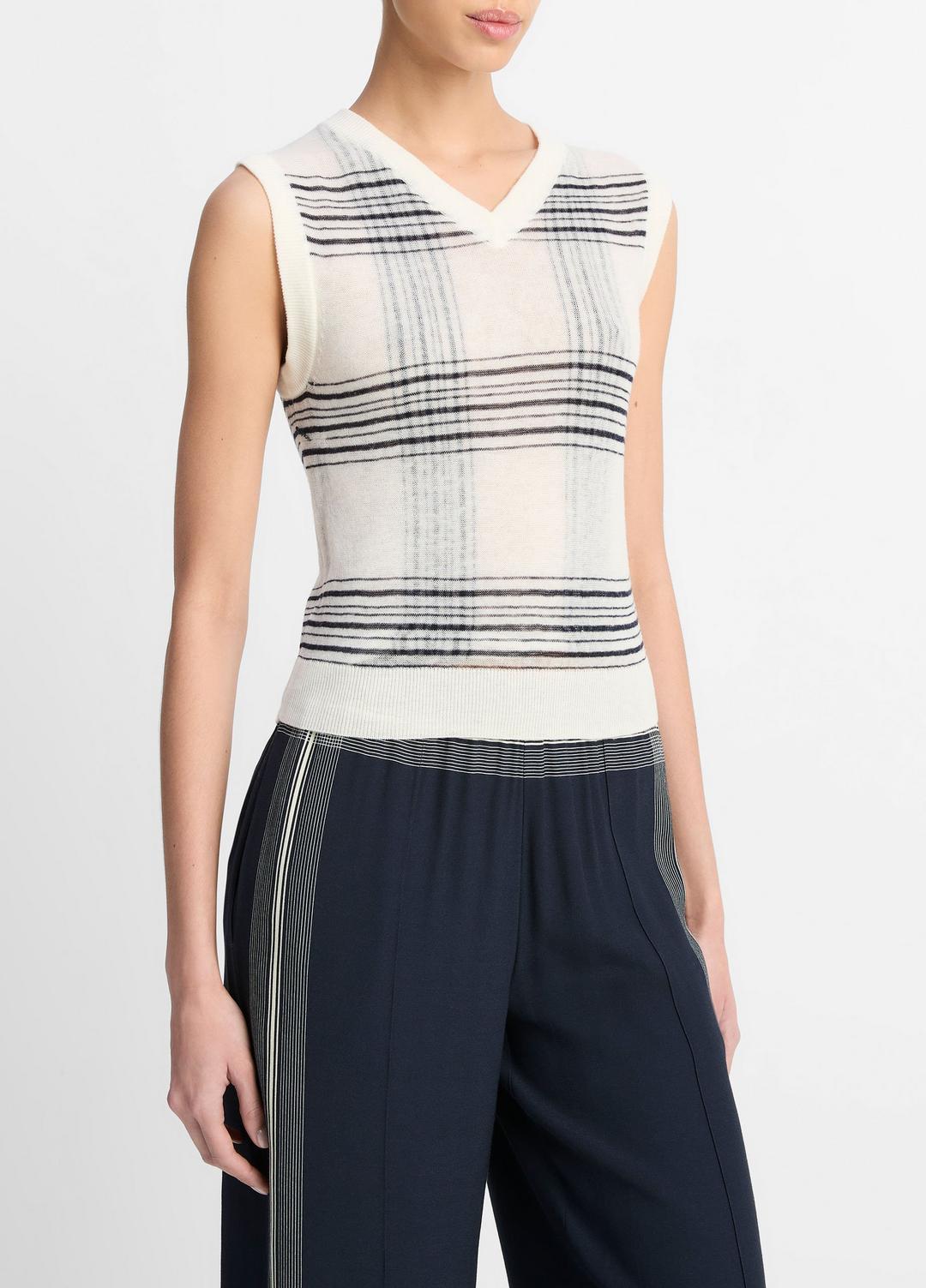 Featherweight Plaid Wool Sweater Vest in Sweaters OFF WHITE/COASTAL BLUE | VINCE Sale