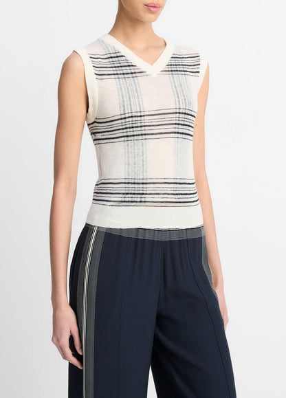 Featherweight Plaid Wool Sweater Vest in Sweaters OFF WHITE/COASTAL BLUE | VINCE Sale