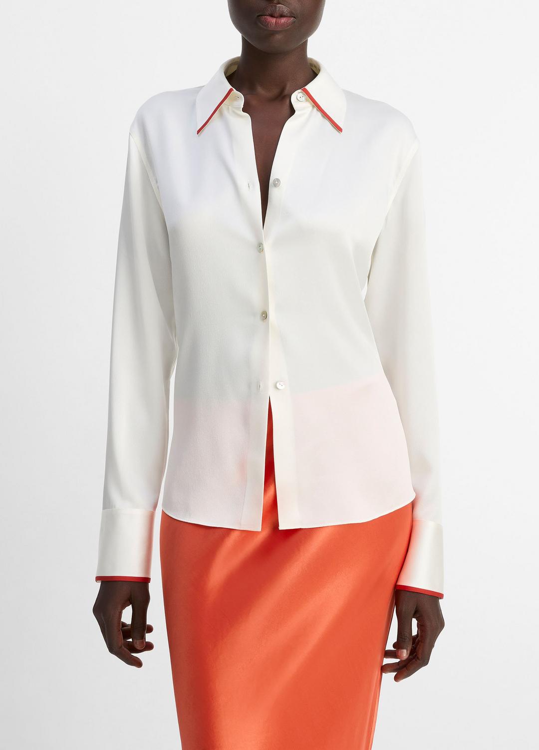 Tipped Silk Button-Front Blouse in Shirts & Tees OFF WHITE/BRICK ROSE | VINCE Sale