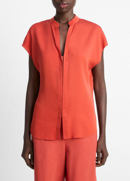 Contrast-Placket Stretch-Silk Cap-Sleeve Blouse in Shirts & Tees BRICK ROSE/RED | VINCE Sale