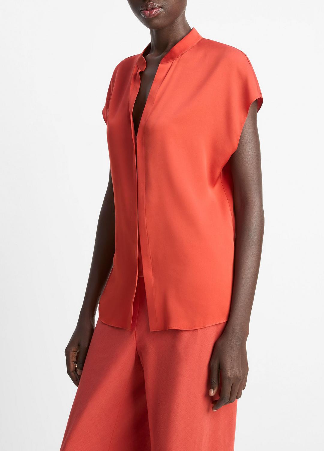 Contrast-Placket Stretch-Silk Cap-Sleeve Blouse in Shirts & Tees BRICK ROSE/RED | VINCE Sale