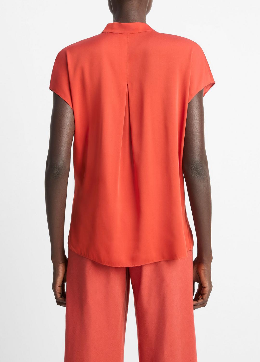 Contrast-Placket Stretch-Silk Cap-Sleeve Blouse in Shirts & Tees BRICK ROSE/RED | VINCE Sale