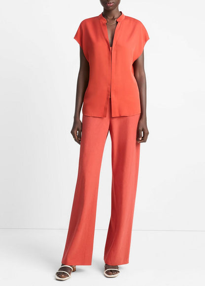 Contrast-Placket Stretch-Silk Cap-Sleeve Blouse in Shirts & Tees BRICK ROSE/RED | VINCE Sale