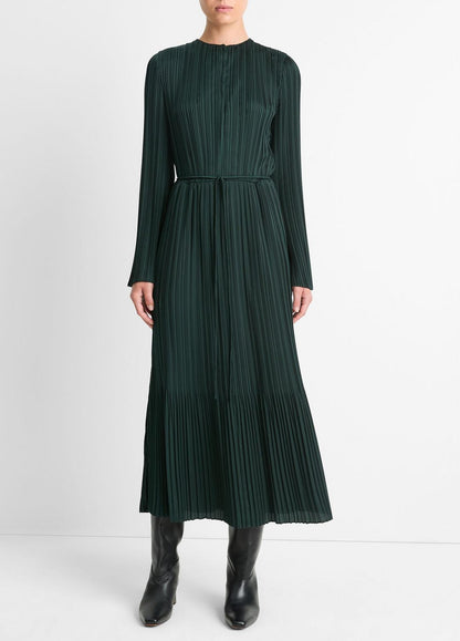 Pleated Satin Long-Sleeve Dress in Dresses & Skirts MARINE PINE | VINCE Sale