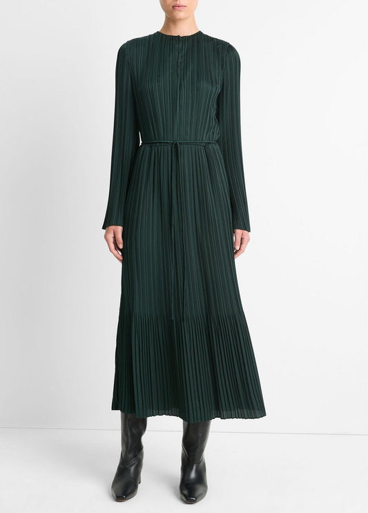 Pleated Satin Long-Sleeve Dress in Dresses & Skirts MARINE PINE | VINCE Sale