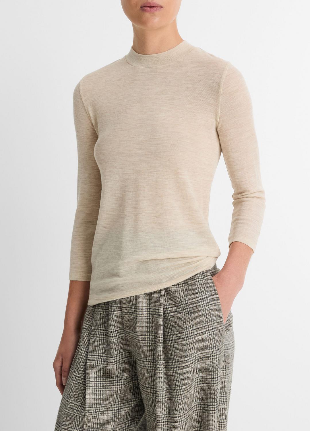 Wool Three-Quarter-Sleeve Mock-Neck Top in Shirts & Tees LIGHT HEATHER ECRU | VINCE Sale