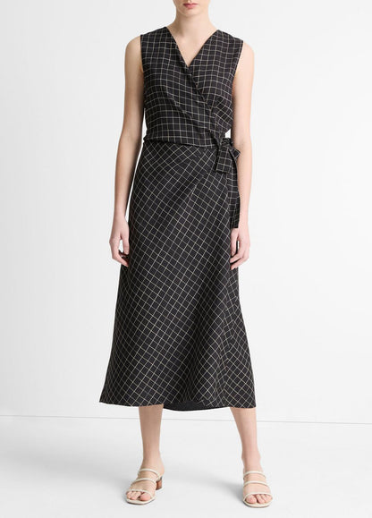 Trellis Plaid Draped Sleeveless Wrap Dress in Dresses & Skirts BLACK/CREAM | VINCE Sale
