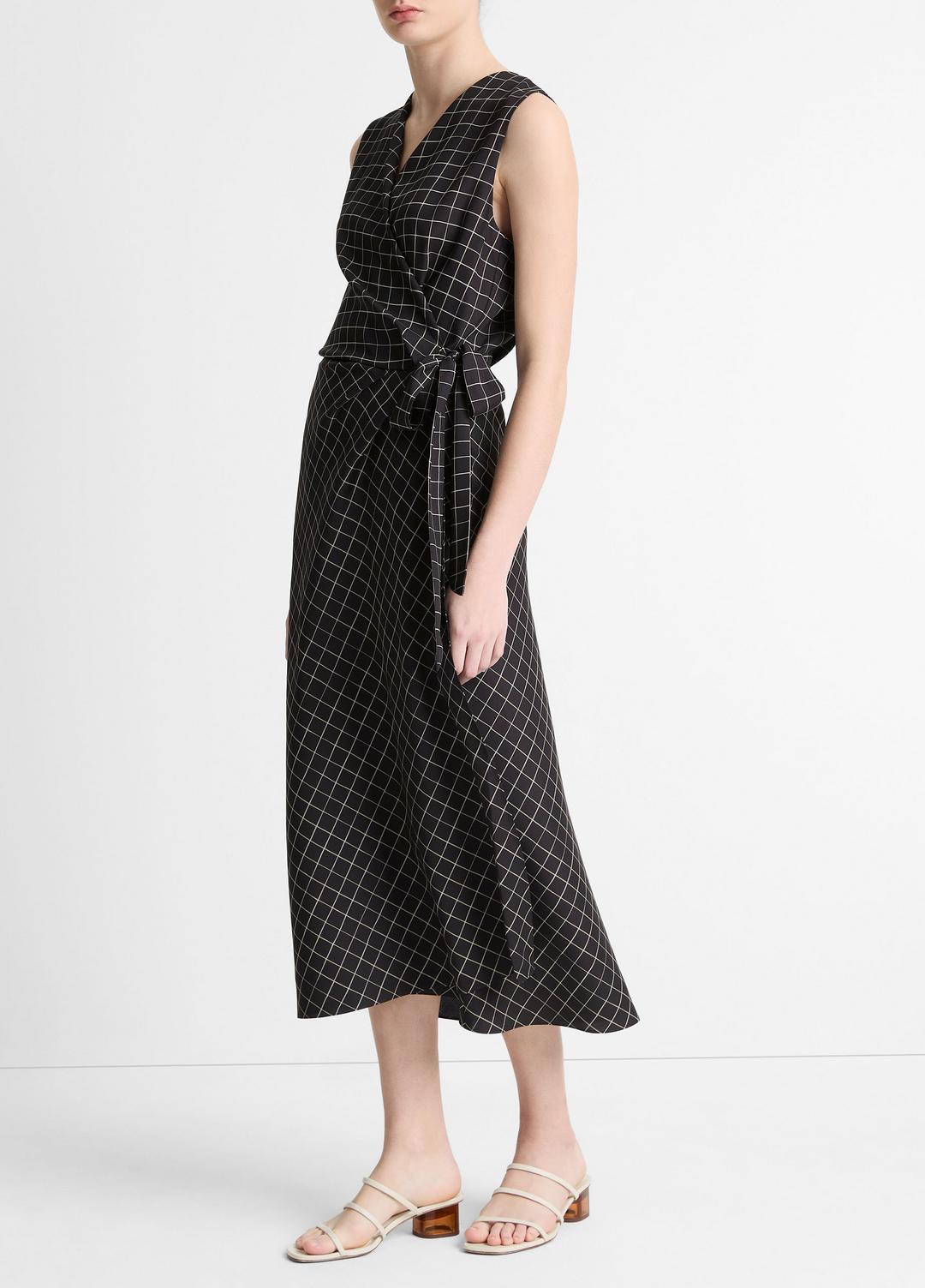 Trellis Plaid Draped Sleeveless Wrap Dress in Dresses & Skirts BLACK/CREAM | VINCE Sale