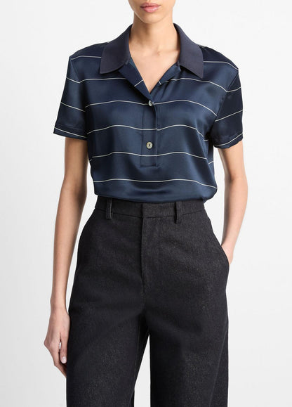 Knit-Collar Striped Silk Polo Shirt in Shirts & Tees COASTAL BLUE/CREAM | VINCE Sale