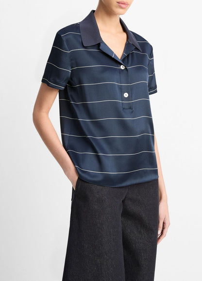 Knit-Collar Striped Silk Polo Shirt in Shirts & Tees COASTAL BLUE/CREAM | VINCE Sale