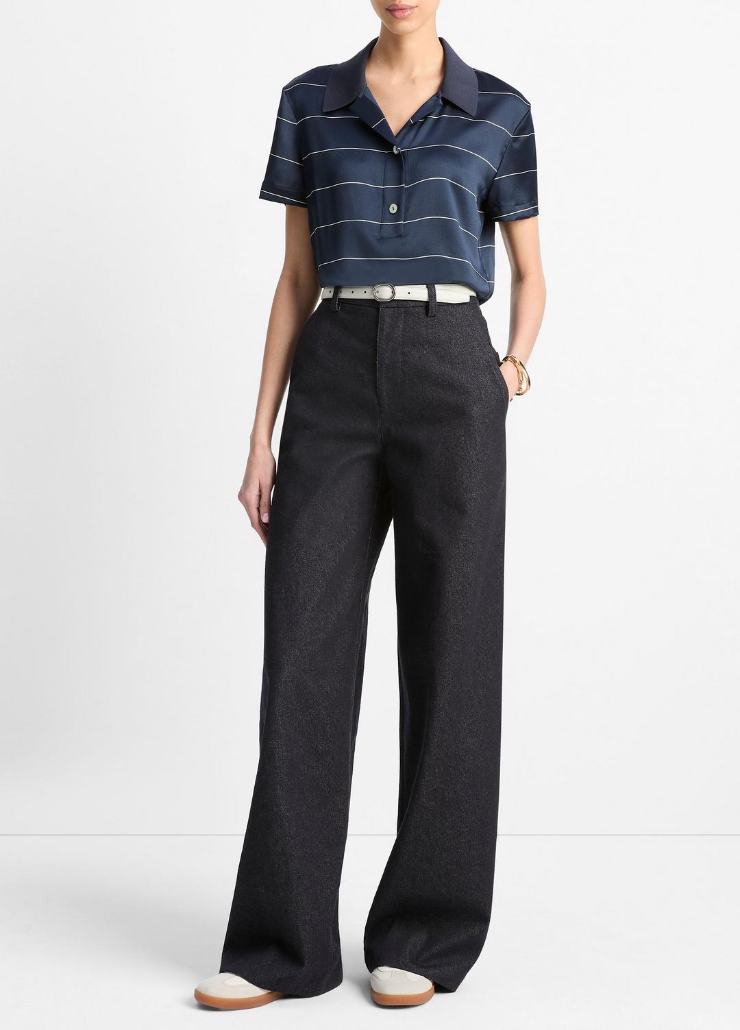 Knit-Collar Striped Silk Polo Shirt in Shirts & Tees COASTAL BLUE/CREAM | VINCE Sale