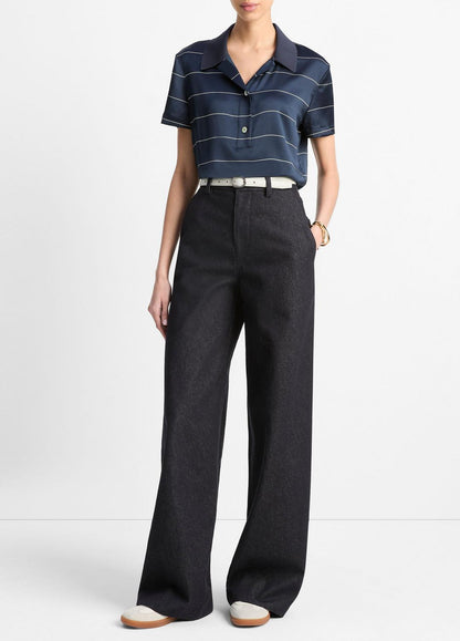 Knit-Collar Striped Silk Polo Shirt in Shirts & Tees COASTAL BLUE/CREAM | VINCE Sale