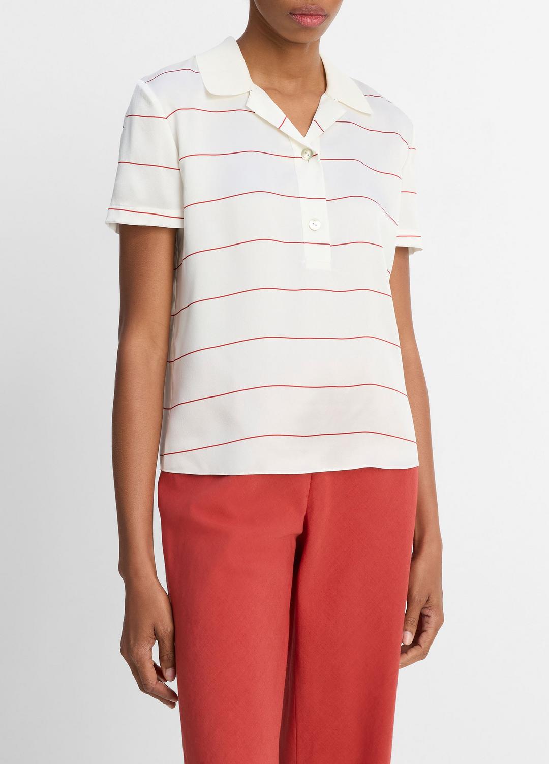 Knit-Collar Striped Silk Polo Shirt in Shirts & Tees CREAM/BRICK ROSE | VINCE Sale