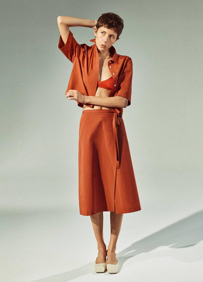 Cotton-Blend Straight Wrap Skirt in Dresses & Skirts BRICK ROSE | VINCE Sale