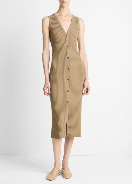 Ribbed Cotton-Blend Button-Front Dress in Dresses & Skirts TAPENADE | VINCE Sale