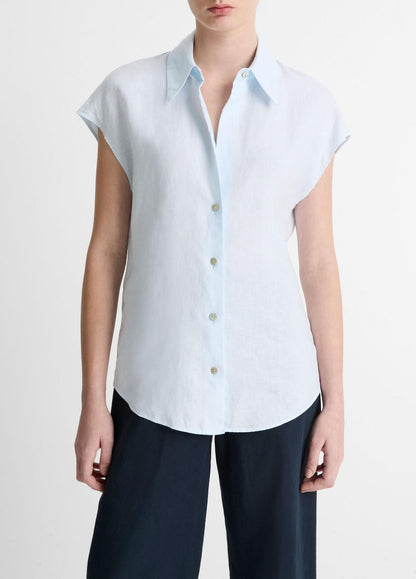 Linen Cap-Sleeve Button-Front Blouse in Shirts & Tees SKY MIST | VINCE Sale