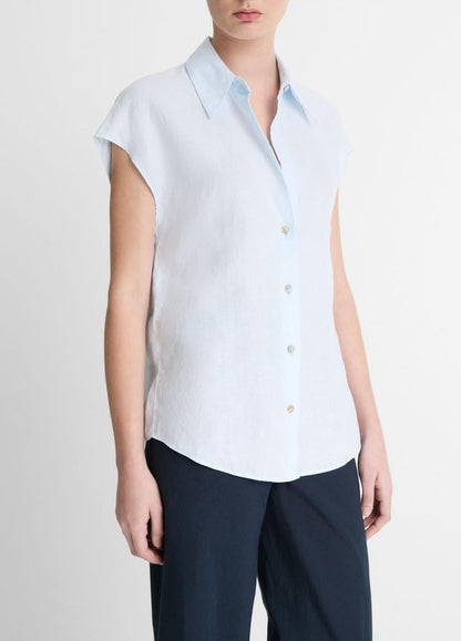 Linen Cap-Sleeve Button-Front Blouse in Shirts & Tees SKY MIST | VINCE Sale
