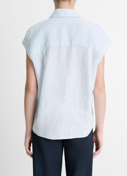 Linen Cap-Sleeve Button-Front Blouse in Shirts & Tees SKY MIST | VINCE Sale