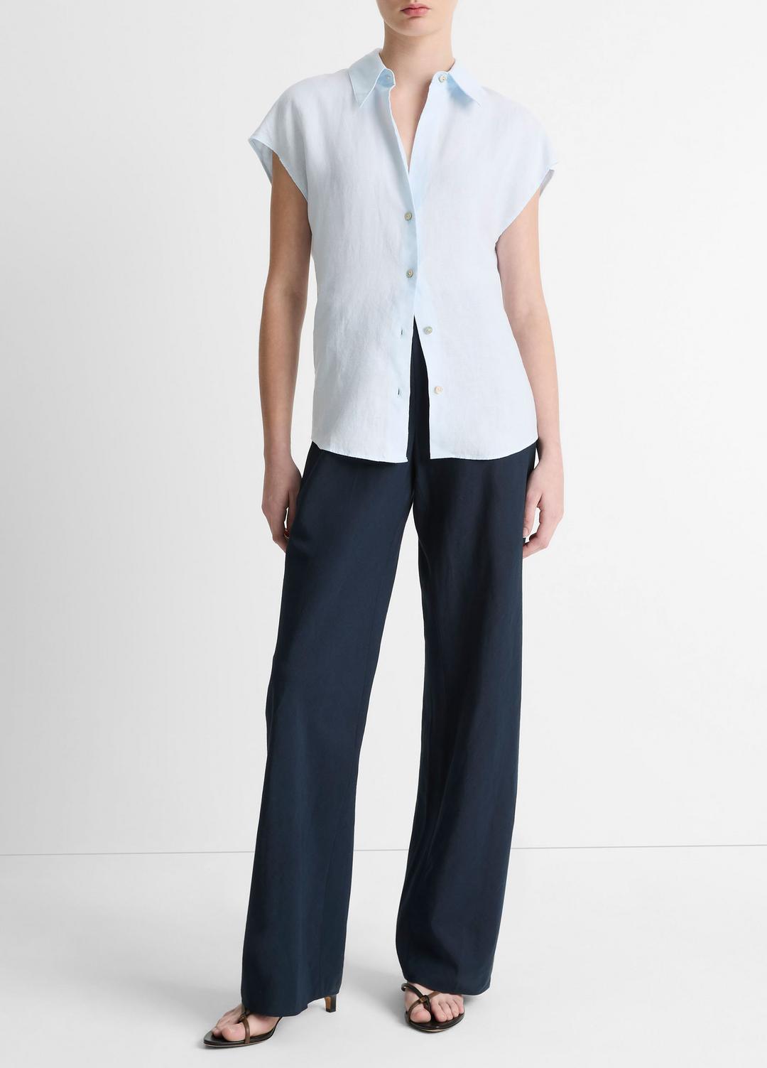 Linen Cap-Sleeve Button-Front Blouse in Shirts & Tees SKY MIST | VINCE Sale
