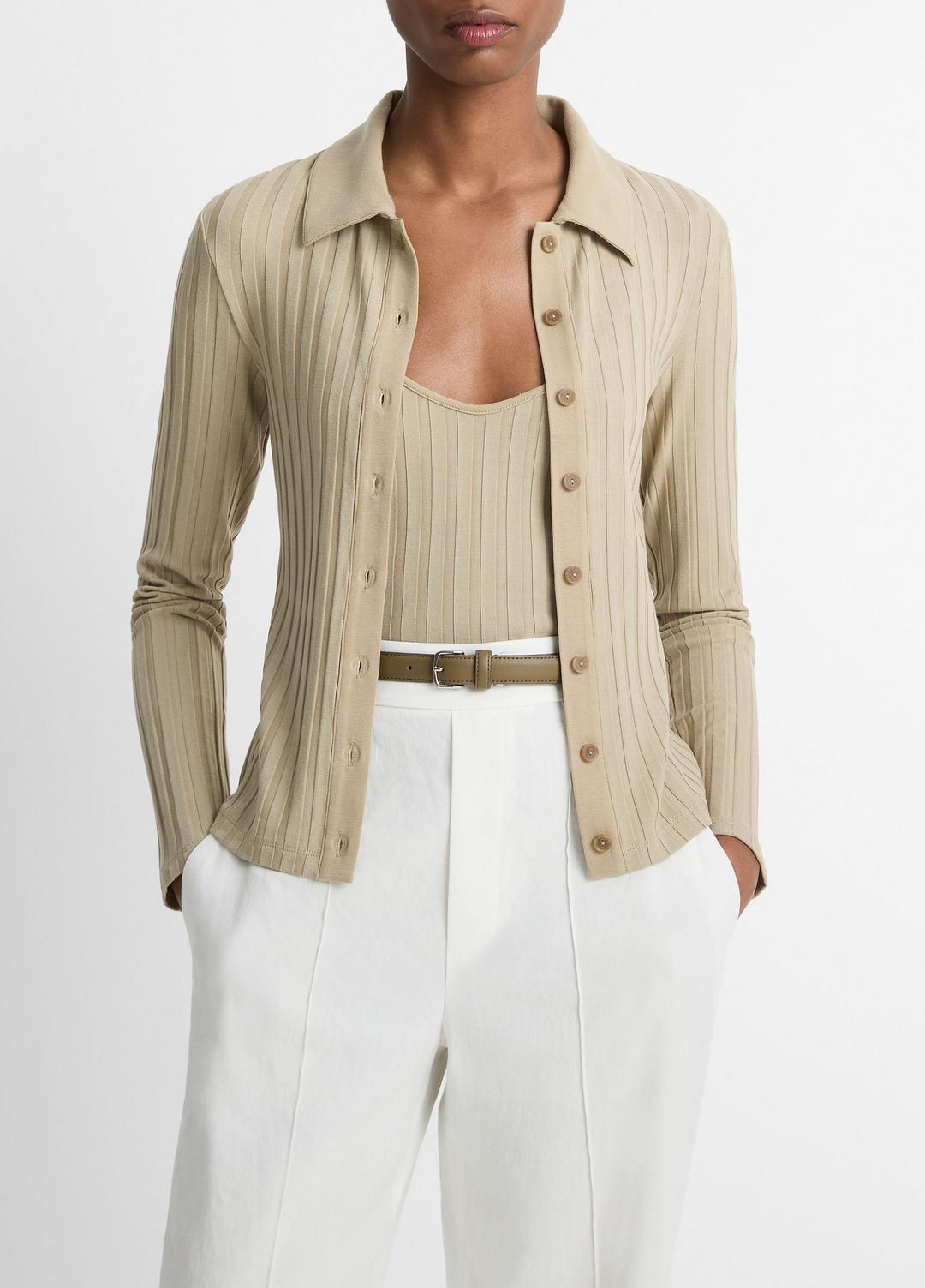 Ribbed Collared Long-Sleeve Button-Front Top in Shirts & Tees MOJAVE | VINCE Sale