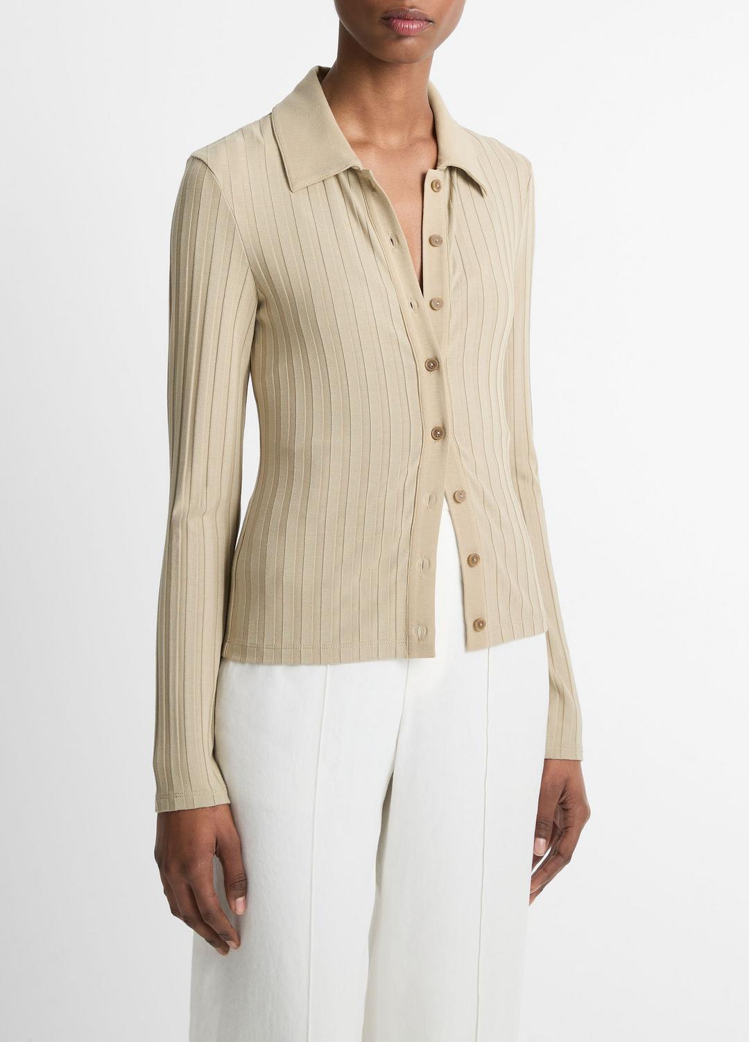 Ribbed Collared Long-Sleeve Button-Front Top in Shirts & Tees MOJAVE | VINCE Sale