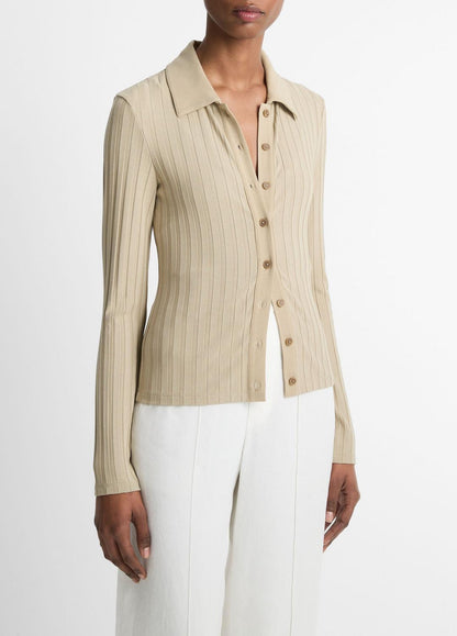 Ribbed Collared Long-Sleeve Button-Front Top in Shirts & Tees MOJAVE | VINCE Sale