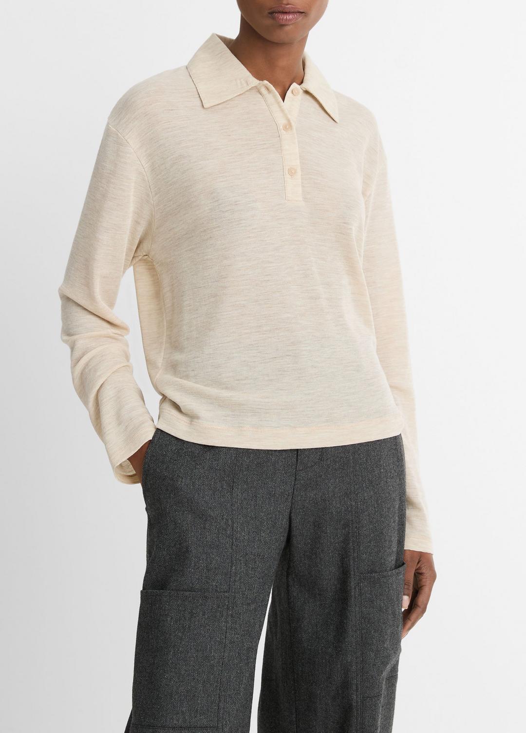 Wool Relaxed Long-Sleeve Polo Shirt in Shirts & Tees LIGHT HEATHER ECRU | VINCE Sale