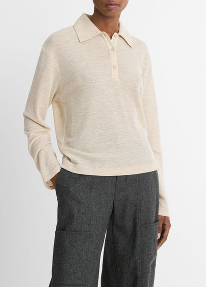 Wool Relaxed Long-Sleeve Polo Shirt in Shirts & Tees LIGHT HEATHER ECRU | VINCE Sale